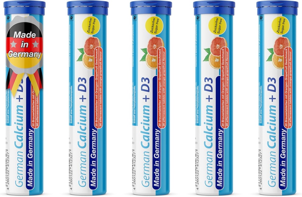 Tysk Calcium + VIT. D - 100 Vegetarisk drik Effervescent tabletter - Orange- Grapefrugt Flavor - Lavet i Tyskland