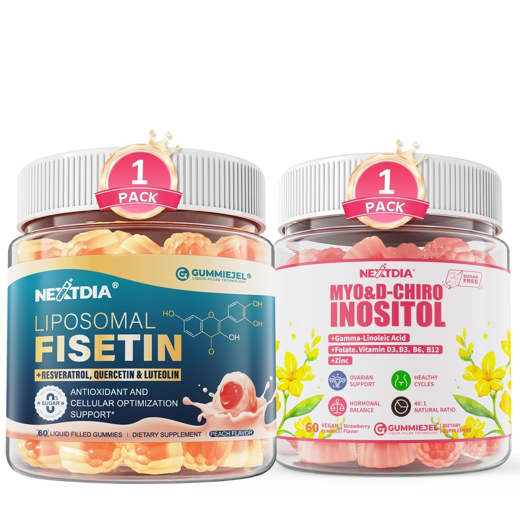 Nextdia Inositol Gummies Supplement with Evening Primrose Oil for Women + Liposomal Fisetin 200mg & Resveratrol Complex 500mg Liquid Gummies