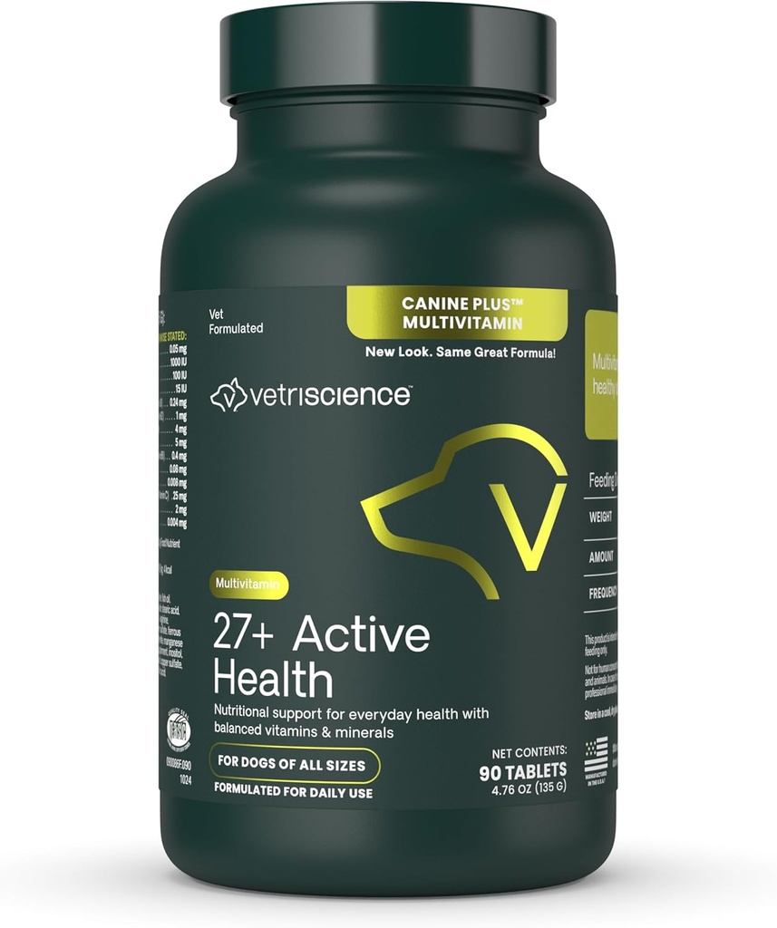 VetriScience 27 + Active Health Chewable Tablets, Canine Plus Daglig Multivitamin til hvalpe og voksne hunde, Balancerede Vitaminer, Mineraler og antioxidanter, Sundhed og Wellness Support, Duck, 90 Greve