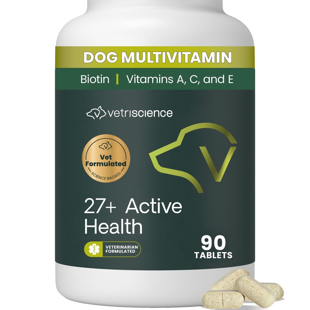 VetriScience 27 + Active Health Chewable Tablets, Canine Plus Daglig Multivitamin til hvalpe og voksne hunde, Balancerede Vitaminer, Mineraler og antioxidanter, Sundhed og Wellness Support, Duck, 90 Greve