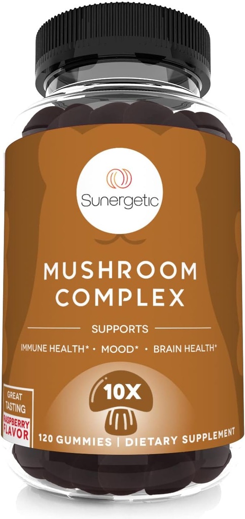 Sunergetic Premium Mushroom Gummies Supplement - for immunforsvar, hjerne, mad & stress support - Mushroom Blend med Lions Mane, Chaga Extract, Reishi, Tyrkiet Tail, Cordyceps (120 Gummies)