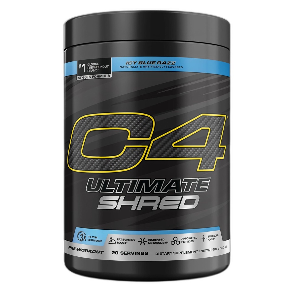 Cellucor C4 Ultimate Shred Pre Workout Powder, Fat Burner til mænd og kvinder, vægttab supplement med Ginger Root Extract, Icy Blue Razz, 20 Servere