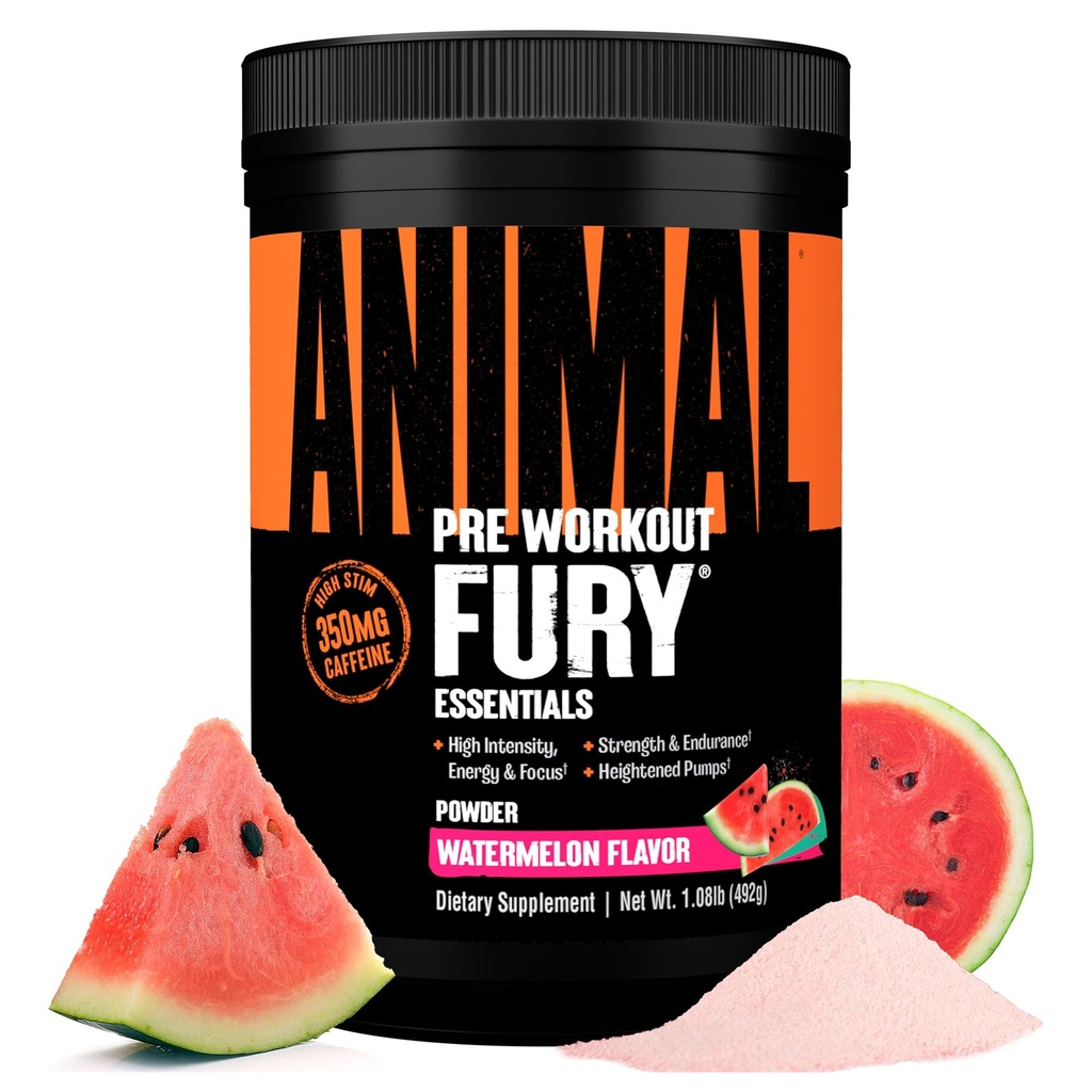 Animal Fury Pre Workout Powder supplement til energi og Focus 5g BCAA 350mg Koffein nitrogenoxid uden Creatin Kraftig Stimulant til Bodybuildere, Watermelon