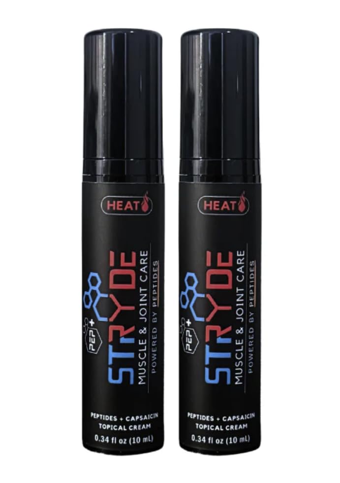 PEP+ STRYDE Peptide-Powered Muscle & Joint Care – Warming Pre-Workout Activation Creams with Capsaicin, Fast-Absorbing, Non-Greasy, 0.34 fl oz (2-Pack, 30–40 Uses per Bottle)