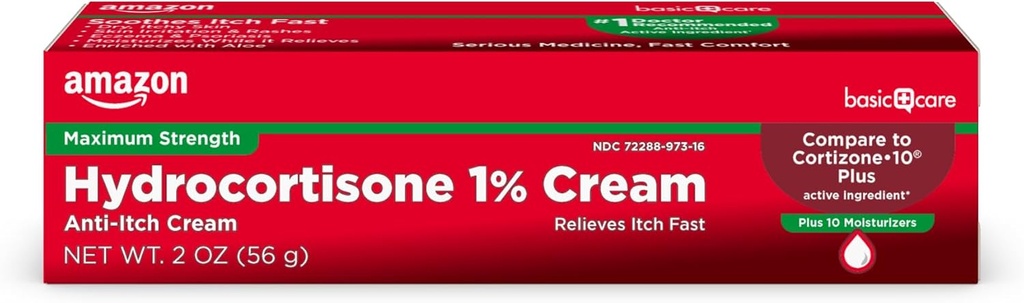   Basic Care Maximum Strength Hydrocortisone 1 Percent Anti-Itch Cream Plus 10 Moisturizers, 2 ounce (Pack of 1)