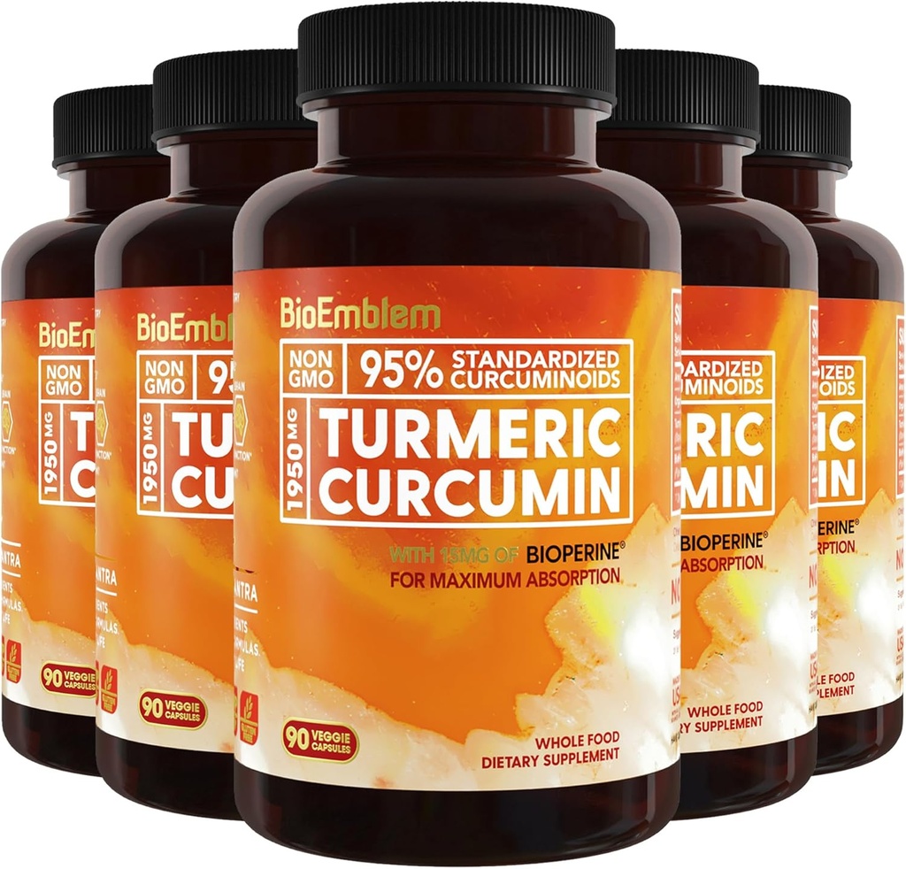 Bioemblem gurkemeje Curcumin Supplement til BioPerine Mea124; fælles støtte & hjerte sundhed Mea124; med organisk gurkemeje pulver & 95% Curcuminoids Extract 124; Californien Made, Non- GMO, 150- Day Supply