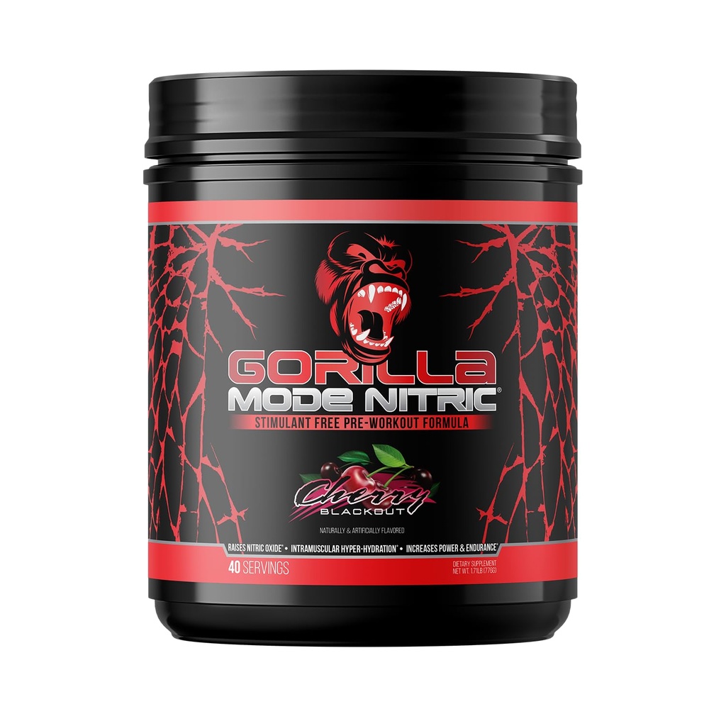 Gorilla Mode Nitric Upgraded Stimulant Free Pre-Workout – Best Tasting and Most Effective Stimulant Free Pre-Workout/Massive Pumps · Vasodilation · Power / 776 Grams (Cherry Blackout)