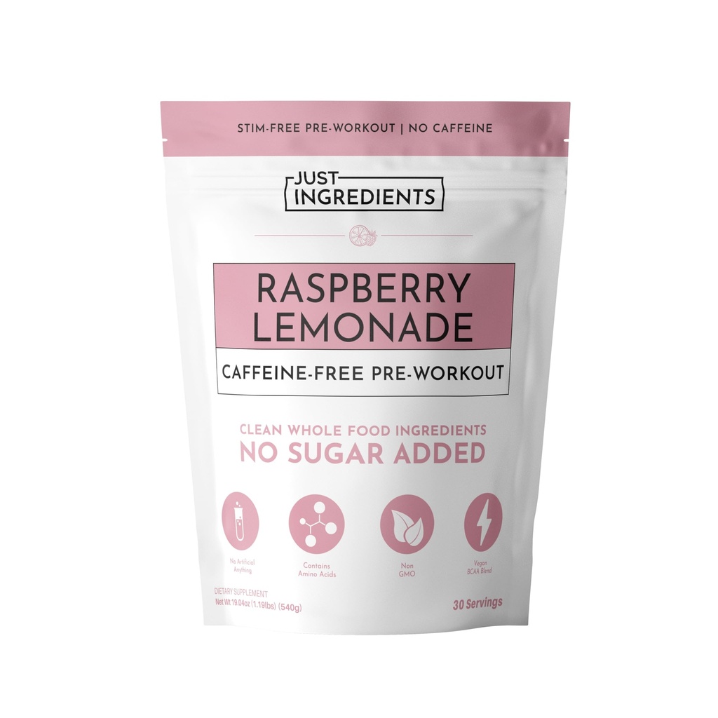 JUST INGREDIENTS Pre-Workout Raspberry Lemonade - Caffeine-Free, Plant-Based, BCAA Blend, Beta Alanine, Organic, Powder - 30 Servings