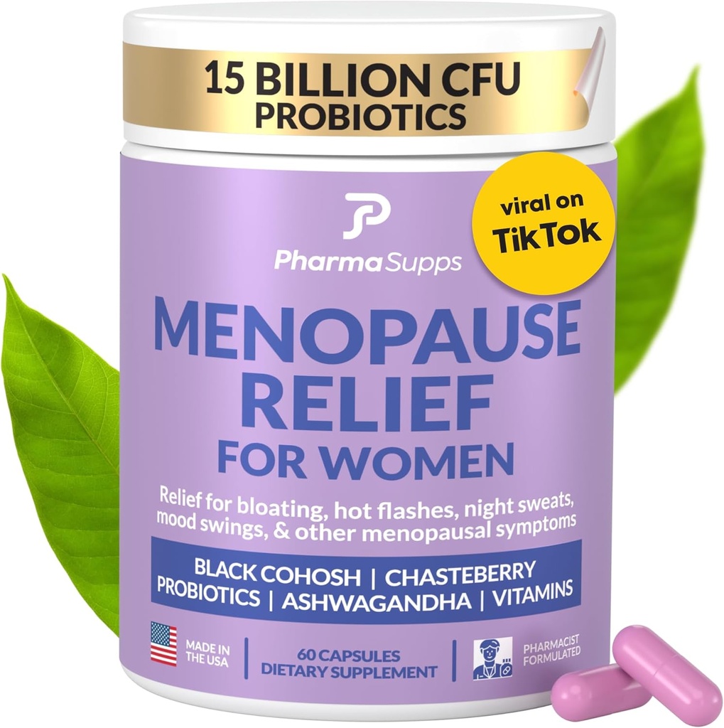Naturlige menopause Kosttilskud til kvinder - Perimenopause Kosttilskud til Hormonal Balance, Bloating & Mood Swings - 124; Hot Flashs Menopause Relief w / Probiotika & Prebiotika, Black Cohosh & Chasteberry