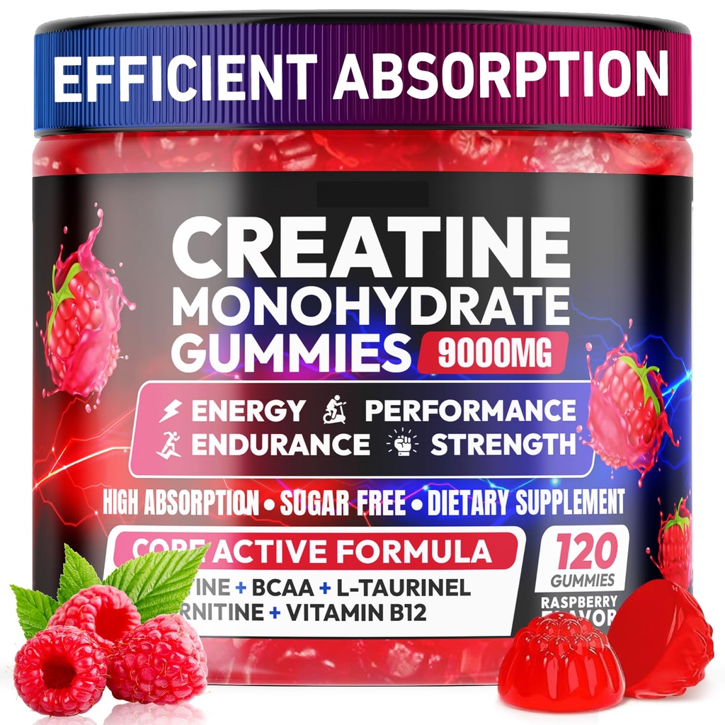 Creatine Gumies Monohydrat Complex 9000MG, Pre- workout for mænd og kvinder, Creatine Gummy med L- Taurine, BCAA 2: 1, B12 / 6 for Muskelstøtte, Forbedre Styrke, Energi Boost- 120 Tæl