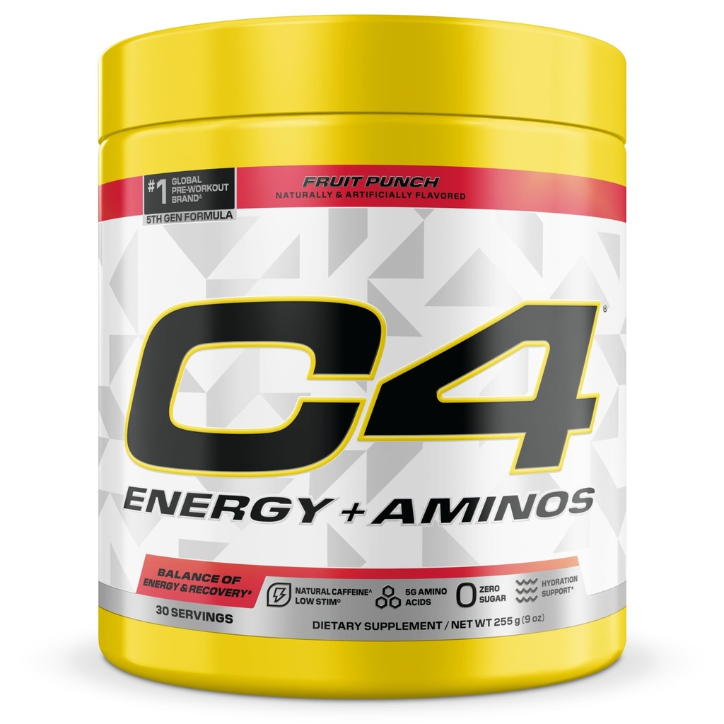 C4 Energy + Aminos Powder, 5g BCAA & EAA for Muscle Recovery, 3 Electrolytes for Hydration, 100mg Natural Koffein, Pre Workout, Zero Sugar, 30 Servere, Frugt Punch