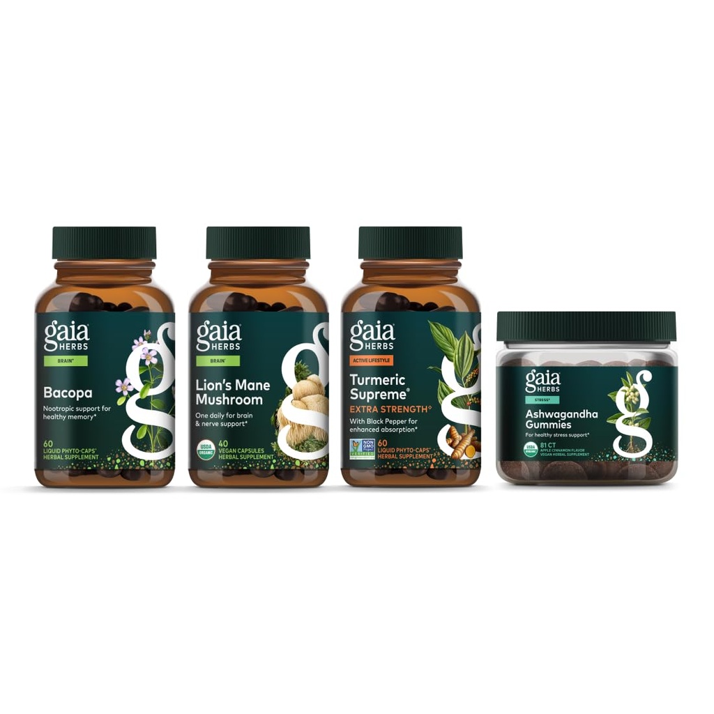 Gaia Herbs Focus Kit - Bacopa, Lions Mane Mushroom, Ashwagandha Gummies, Turmerisk Øverste Ekstra Styrke