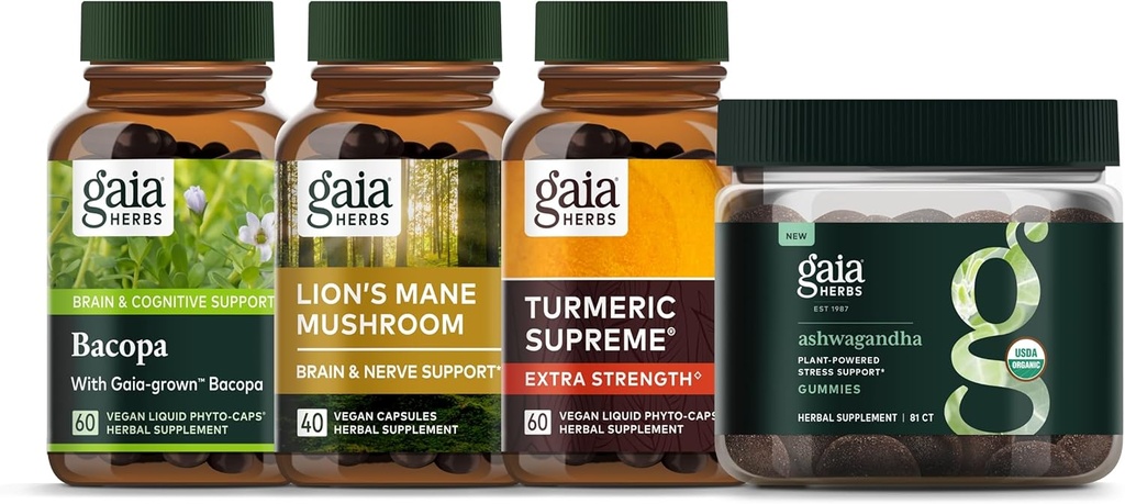 Gaia Herbs Focus Kit - Bacopa, Lions Mane Mushroom, Ashwagandha Gummies, Turmerisk Øverste Ekstra Styrke