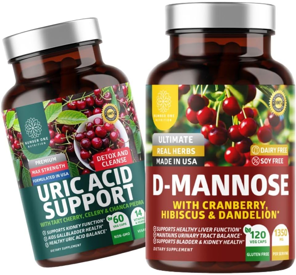 Number One Nutrition N1N Premium D-Mannose with Cranberry & Hibiscus [1350mg], 120 Capsules, and Uric Acid Support with 14 Potent Herbs, 60 Capsules, 2 Pack Bundle
