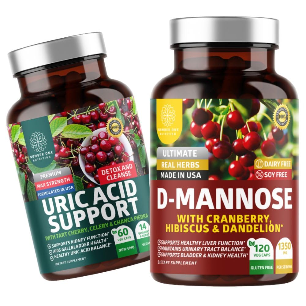 Nummer et ernæring N1N Premium D- Mannose med Cranberry & Hibiscus [1350mg], 120 kapsler, og ursyre støtte med 14 potteurter, 60 kapsler, 2 pakning bundle