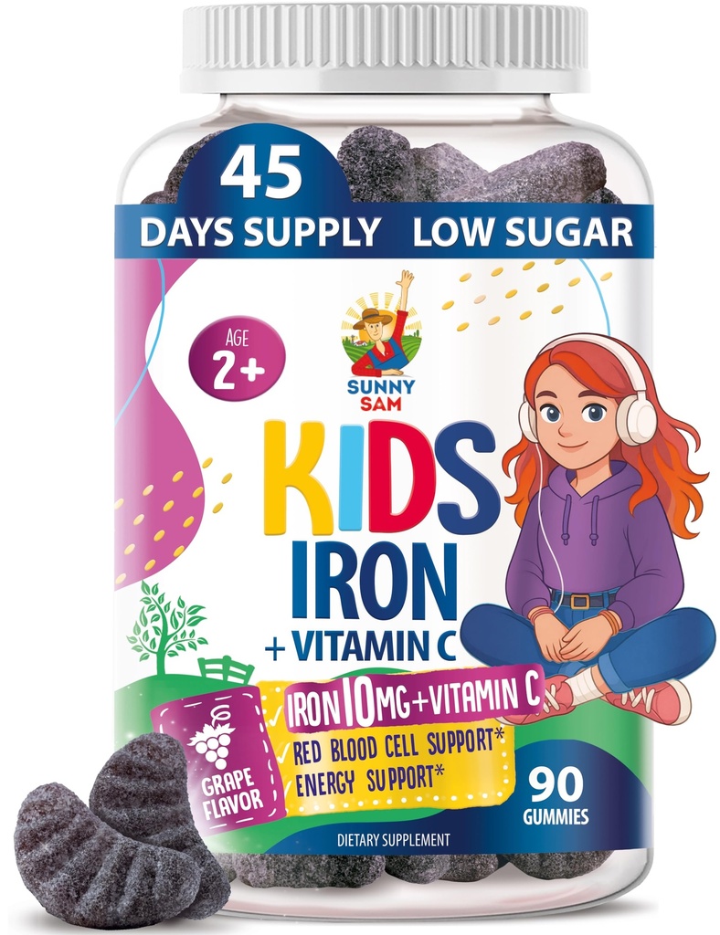 SUNNY SAM Iron Gummies for Kids & Teens - 10mg Iron Vitamin C - Lav- Sukker Chewable Gummy Supplement for immunforsvar, Understøtter røde blodceller produktion til børn & Teen piger