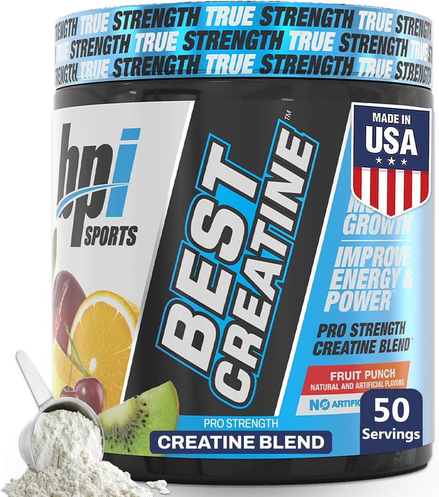 BPI Sports Best Creatine - Creatine Monohydrate Powder for Men & Women, Himalayan Salt - Strength, Pump, Endurance, Muscle Growth, Muscle Definition - No Bloat – Fruit Punch – 50 servings – 10.58 oz