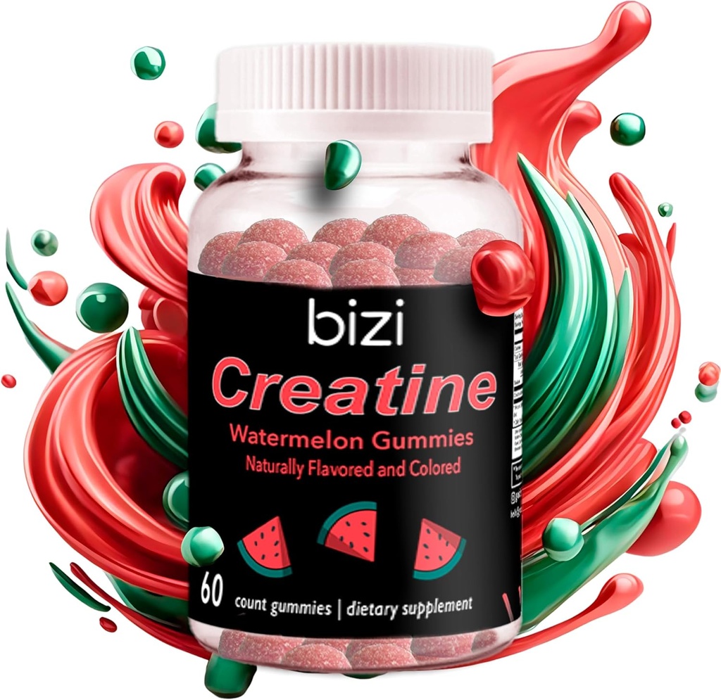 Bizi Creatin Watermelon Gummies for mænd og kvinder, Creatin monohydrat Gummies, Watermelon Flavor Creatin Gummy, Workout, Muscle Growth, & Recovery Supplement, Vegan & Gluten Free (60 ct)