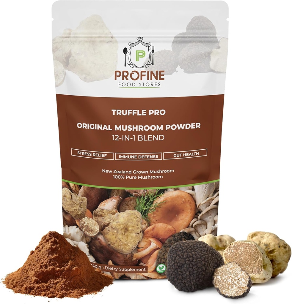 PROFINE trøffel PRO champignon pulver 12 - in - 1 Super Blend med sort trøffel og hvid trøffel - USDA Organic - Supplement - Tilføj til kaffe / te / smoothies - Hele champignoner - Ingen fyldstoffer