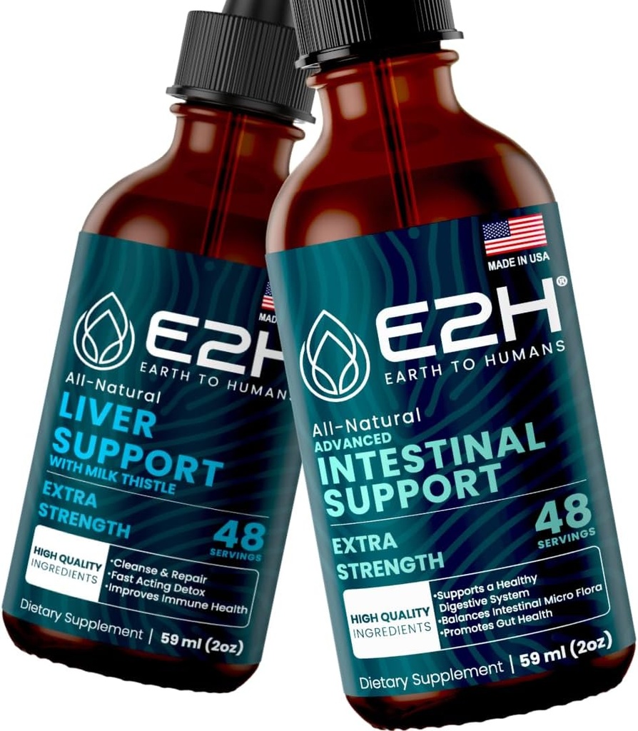 E2H: Liver Support Supplement and Advanced Intestinal Support | Vegan, Non-GMO - 2 Fl Oz Each (4 Fl Oz Total) - Bundle