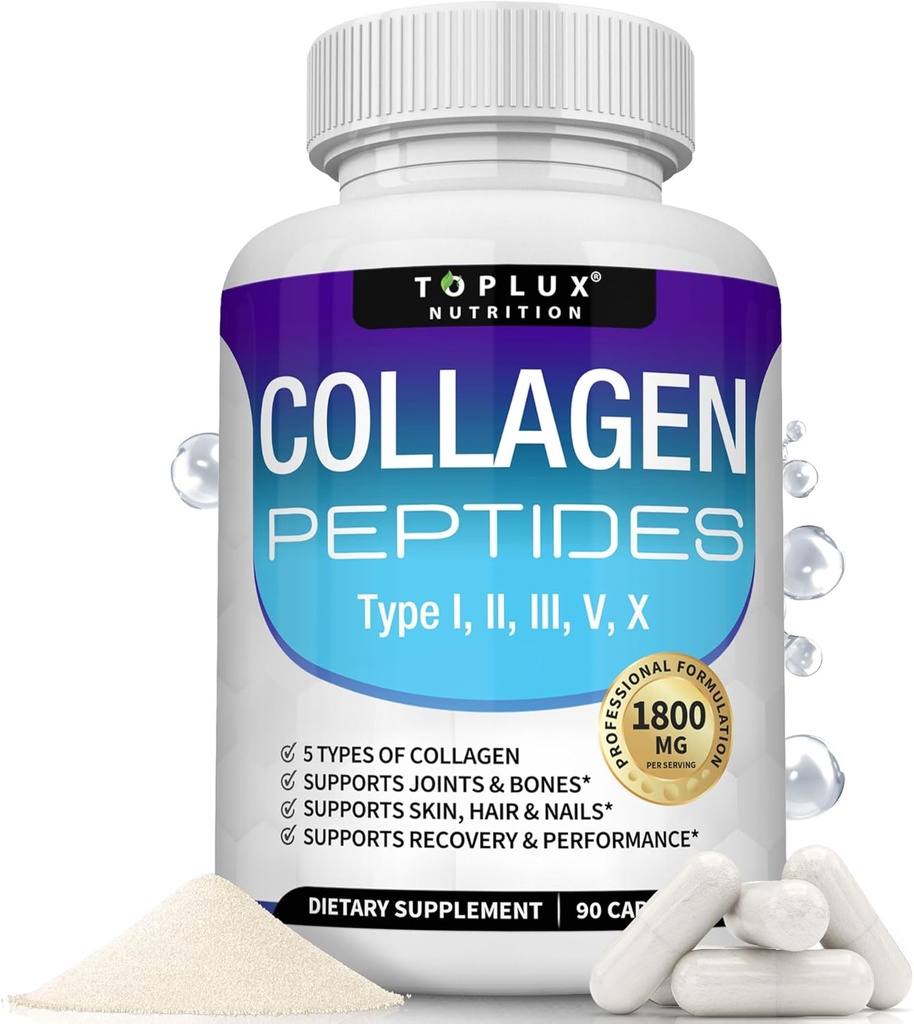 Toplux Multi Collagen Peptider 1800 Mg Complex - Type I, II, III, V, X Premium Collagen Complex for bedre hud & hår, stærk fælles, hydrolyseret protein, for mænd kvinder, 90 kapsler, supplement