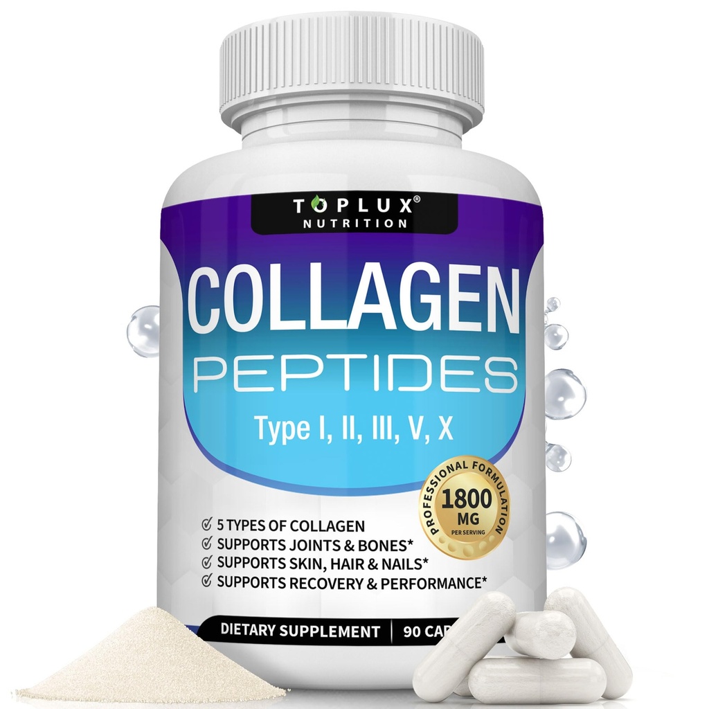 Toplux Multi Collagen Peptider 1800 Mg Complex - Type I, II, III, V, X Premium Collagen Complex for bedre hud & hår, stærk fælles, hydrolyseret protein, for mænd kvinder, 90 kapsler, supplement