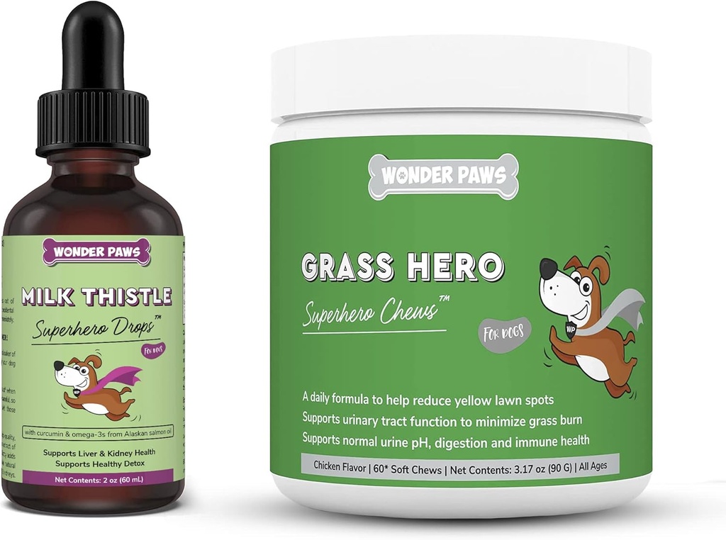 WONDER PAWS Milk Thistle Drops Plus Græs Hero Soft Chews - for hunde lever og Nyre Support, Detox & Urinary Tract Health - Milk Thistle 2 Ounces - Græs Hero 60 Chews