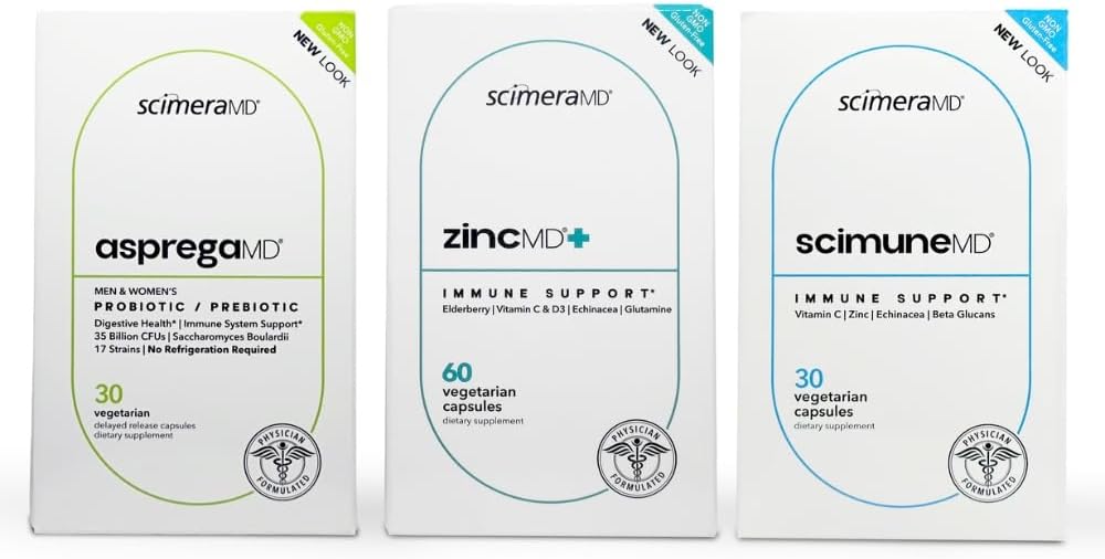 ScimeraMD ® AspregaMD 30CT Probiotic + Prebiotic, ScimeraMD ® ScimuneMD 30CT immunsupport og ScimeraMD ® ZincMD immunsupportsupplement til understøttelse af fordøjelsessygdomme