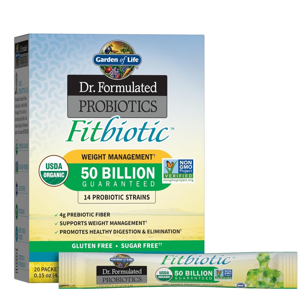 Livets have Dr. Formuleret Probiotika Fitbiotic Weight Management Powder, 50 Millioner CFU & Prebiotic Fiber, Organic & Non- GMO fordøjelig Gut Health Probiotic Supplement, 20 enkelt serveringspakker