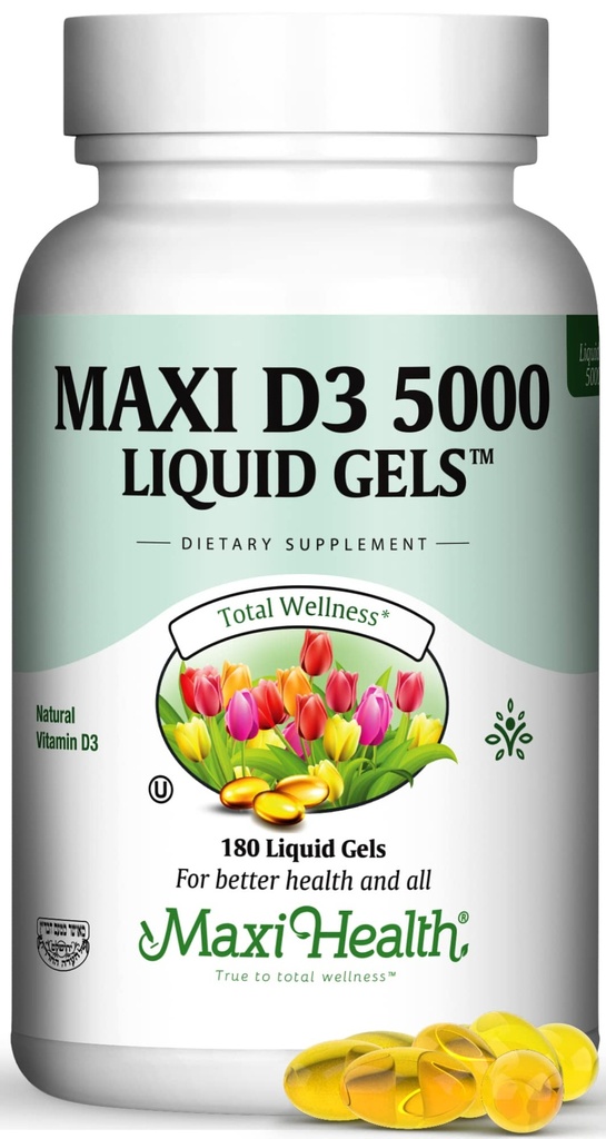 Maxi Health D3 5000 Flydende Gels - Natural Vitamin D3 - Nutrition Supplement - 180 Kapsler - Kosher
