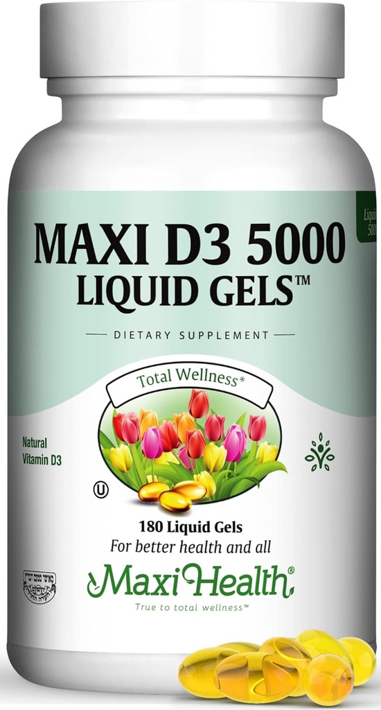 Maxi Health D3 5000 Flydende Gels - Natural Vitamin D3 - Nutrition Supplement - 180 Kapsler - Kosher