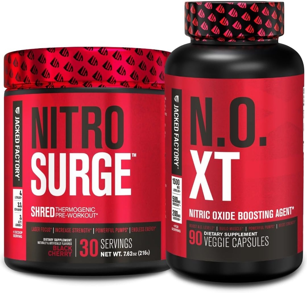 Jacked Factory Nitrovolume Shred Thermogen Pre- Workout i Black Cherry & N.O. XT Nitric Oxide Booster til mænd og kvinder