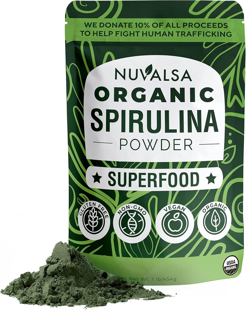 Nuvalsa Organic Spirulina Powder 1lb - 100% Pure Superfood supplement fra Blue Green Algae Non GMO for Smoothie & Protein drink, Vegan & USDA Certified Organic - 100 Servere