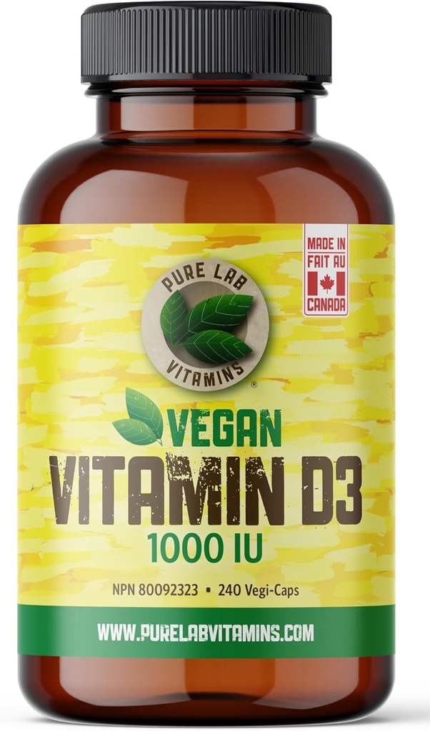 Pure Lab Vitamin Vegan Vitamin D3 1000IE, 240 Vegi- Caps Made in Canada