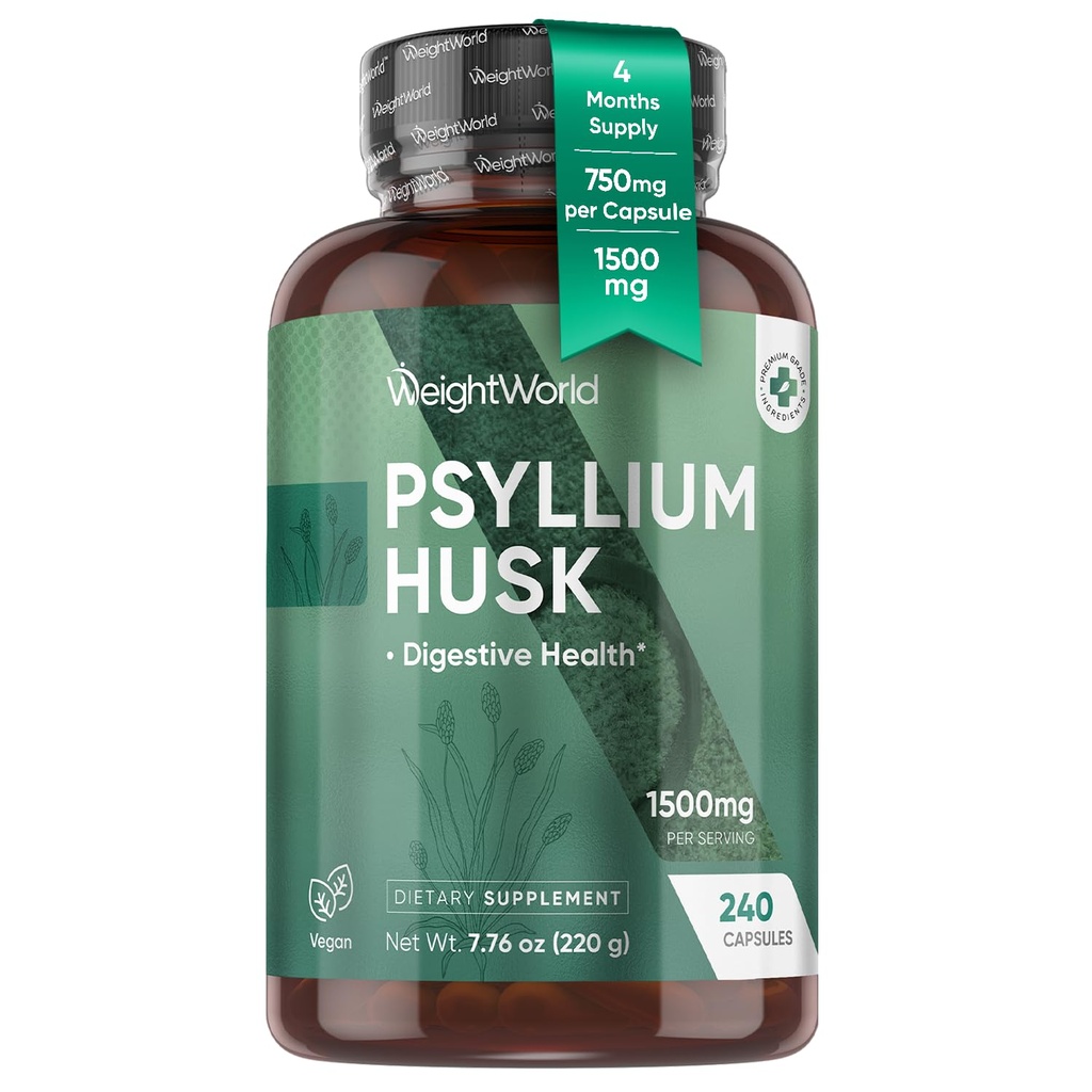 WeightWorld Psyllium Husk Capsules 1500mg (750mg per Cap) | Prebiotics & Soluble Fiber Supplement for Regularity & Digestive Health - 240 Vegan Psyllium Husk Powder Capsules, Non-GMO, Gluten-Free