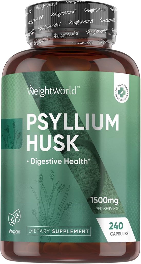 WeightWorld Psyllium Husk Kapsler 1500mg Per Serving, 240 Veganske Kapsler - 4 Måneders Tilgang - til fordøjelsessundhed - Daglig Psyllium Husk Fiber Supplement - Non-GMO, GMP- Godkendt, & Allergen- Free