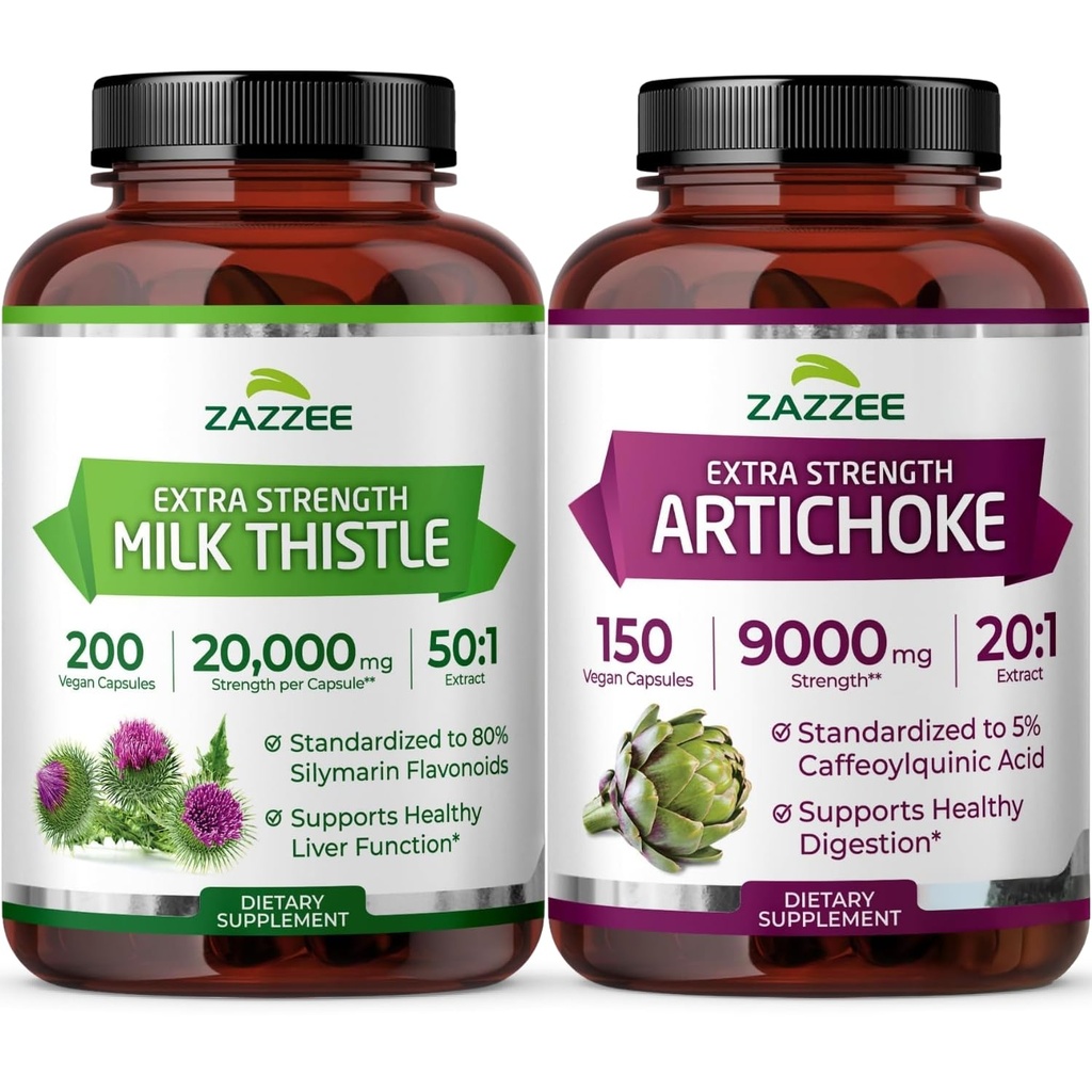 Zazzee Artichoke Leaf & USDA Organic Milk Thistle | 20:1 Artichoke Leaf Extract Plus 50:1 Milk Thistle Extract | Liver Cleanse Detox Bundle