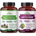 Zazzee Artichoke Leaf & USDA Organic Milk Thistle | 20:1 Artichoke Leaf Extract Plus 50:1 Milk Thistle Extract | Liver Cleanse Detox Bundle