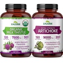Zazzee USDA Organic Milk Thistle and Artichoke Supplement | 20:1 Artichoke Leaf Extract Plus 30:1 Milk Thistle Extract | Liver Cleanse Detox Bundle | Non-GMO Vegan & ISO Lab-Tested
