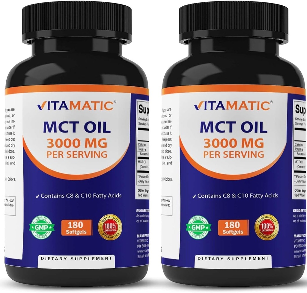 Vitamatisk 2 pakker MCT oliekapsler 3000 mg per servering - 180 Softgels - fra kokosolie - Indeholder 55% capralsyre C8 og 40% capralsyre C10 (Total 360 Softgel)