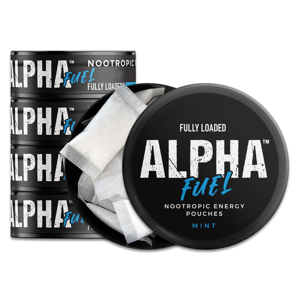 Fuldt lastet Alpha brændstof Nootrope Pouches (Mint Fuel) - 5 Cans, 15 Pouches per can - Nootrope Energy Pouches med koffein, Alpha GPC, Tyrosin, Taurine, Guarana og meget mere.