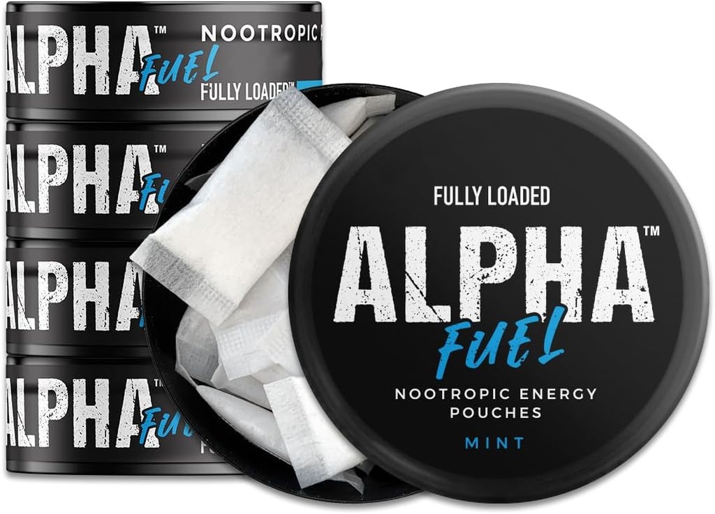 Fuldt lastet Alpha brændstof Nootrope Pouches (Mint Fuel) - 5 Cans, 15 Pouches per can - Nootrope Energy Pouches med koffein, Alpha GPC, Tyrosin, Taurine, Guarana og meget mere.