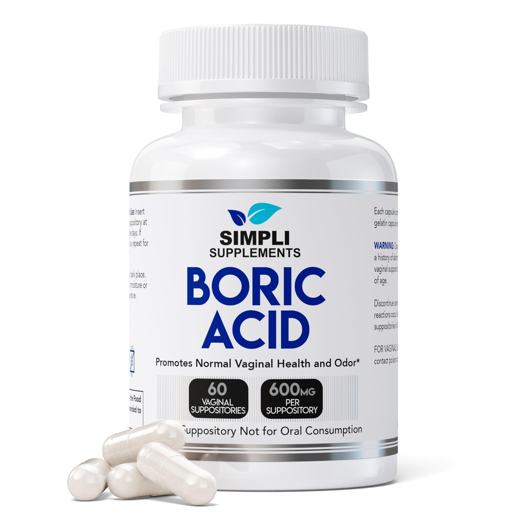 Simpli Supplements Boric Acid Suppositories for Women 600mg – 60 Count | Vaginal pH Balance Support | Feminine Care | Helps Maintain Freshness & Odor Control