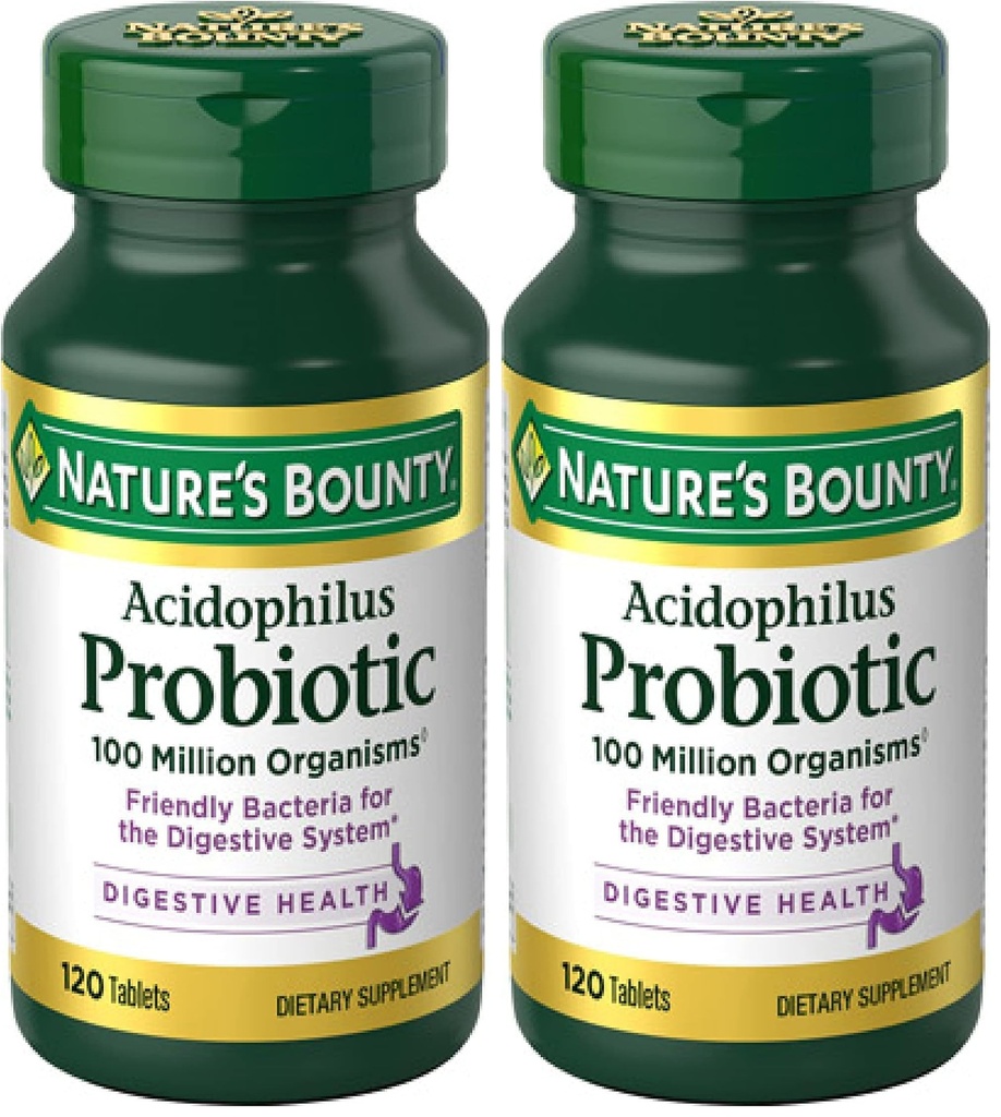 Nature 's Bounty Lactobacillus Acidophilus Probiotic Supplement - Daglig Probiotikum for kvinder / mænd fordøjelsessygdomme, 100 Millioner Organismer, Vegetar, 1 Servering per dag, 120 tabletter, (Pack of 2)