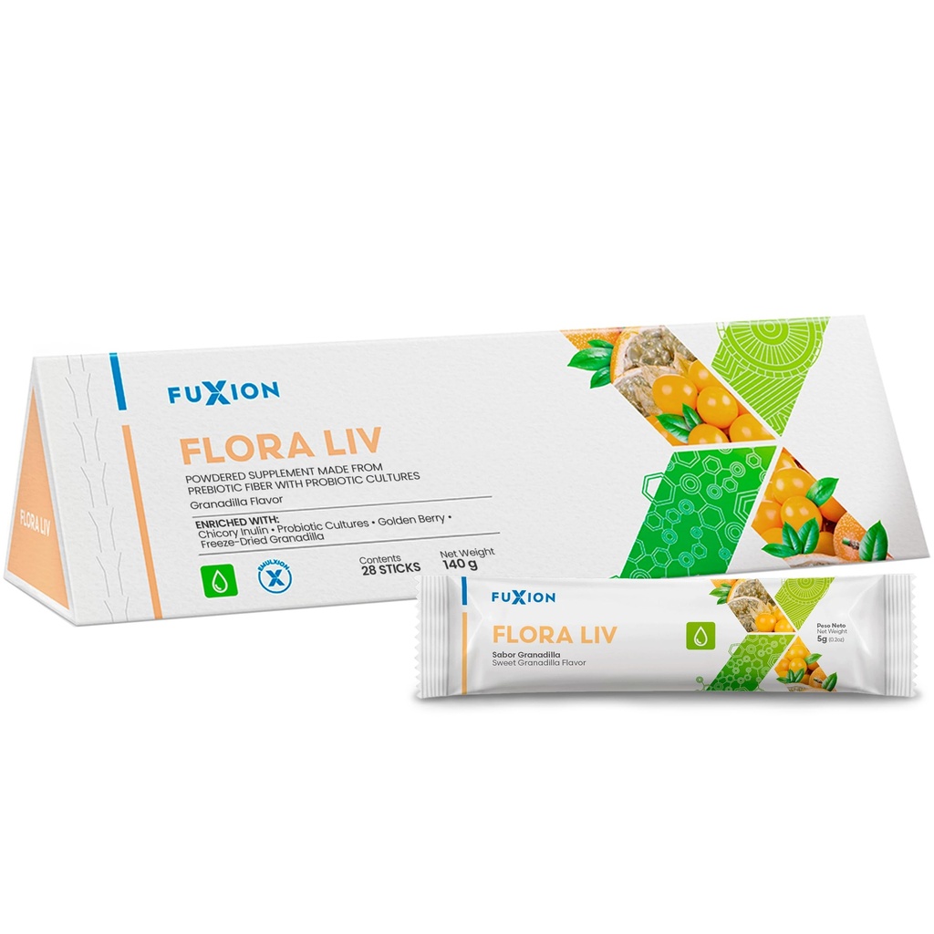 FuXion Flora Liv • 124; Probiotisk drik • 124; Probiotika til kvinder og mænd • 124; Gut Health • 124; Hjælper Mantain Balance of the Instestinal Flora • 124; Lactobacillus and Bifidobacterium • 124; Sweet Granadilla Flavor • 124; 28u