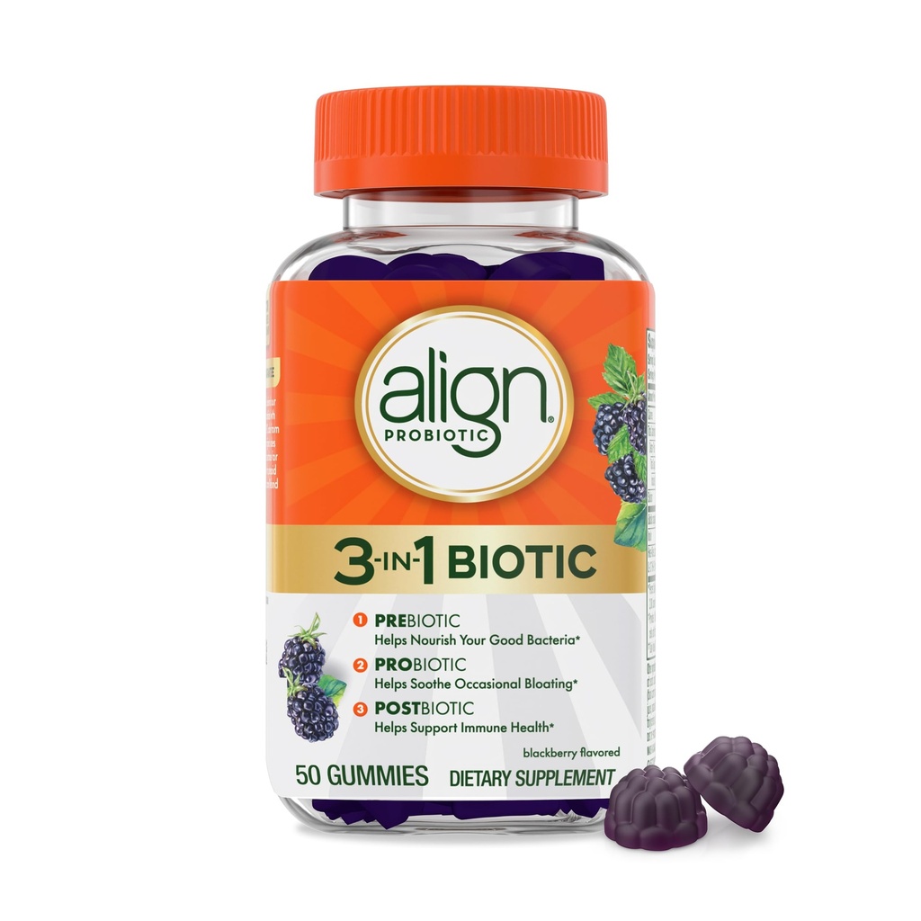 Justér probiotiske, 31- 1- biotiske gummier, Prebiotiske + probiotiske + postbiotiske, # 1 Doctor Recommended Probiotic Brand ‡, Hjælper Relieve Occasional Bloating *, BlackBerry Flavor, 50 Gummies