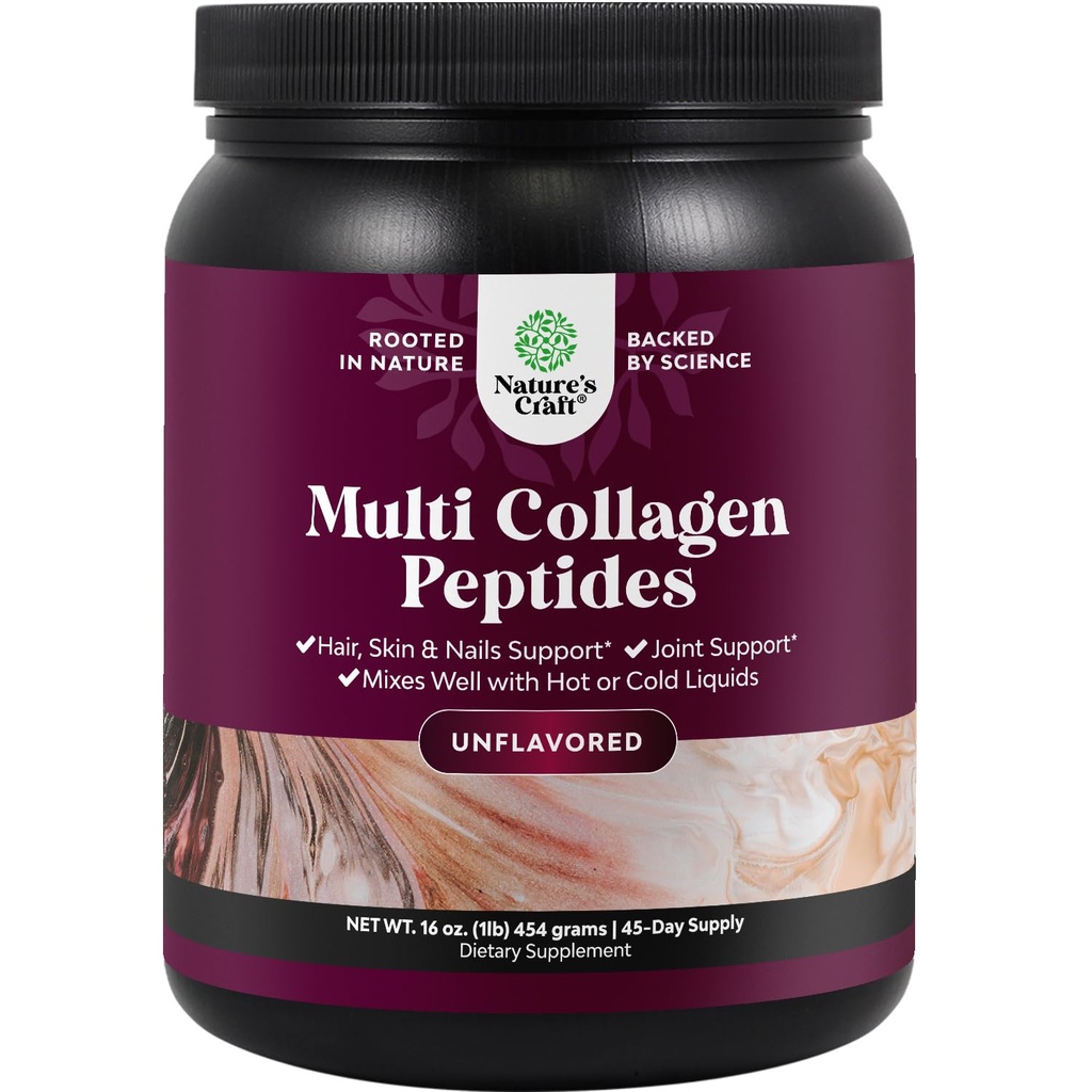 Nature Craft Multi Collagen Protein Powder for kvinder og mænd - Keto Hydrolyzed Collagen Peptider 45 Servere hår hud og negle Vitaminer - Unflavored Bovine Type 1 3 til Ben fælles støtte