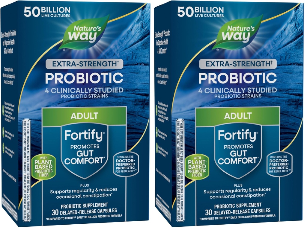 Nature 's Way Extra Strength (1) Forstærkning Probiotika, Probiotika til fordøjelsessygdomme, Prebiotika, 50 milliarder levende kulturer, fordøjelsessygdomme og immunforsvar *, 30 kapsler, (pakke med 2)