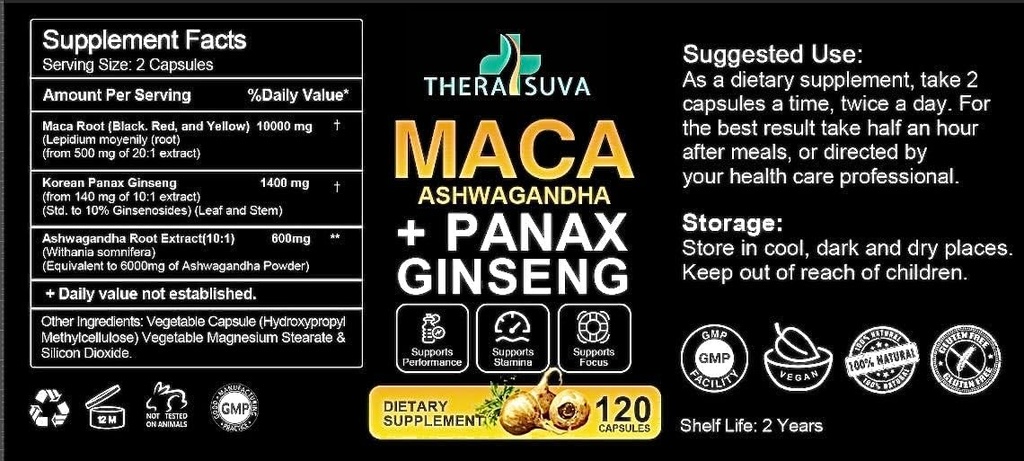 3 i 1 Ashwagandha + Maca Root + Panax Ginseng - Natural Supplement for Energy, Stamina, og Stress Support, 120 Softgels