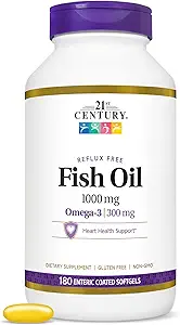 21. århundrede Fish Oil 1000 Mg Enteric Coated Softels, 180Count
